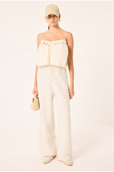 LINEN-TEXTURED STRAIGHT LEG PANTS