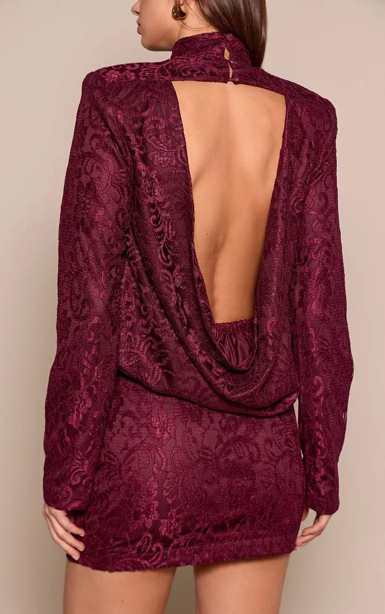 Wine Lace Shoulder Pad Draped Top - 3
