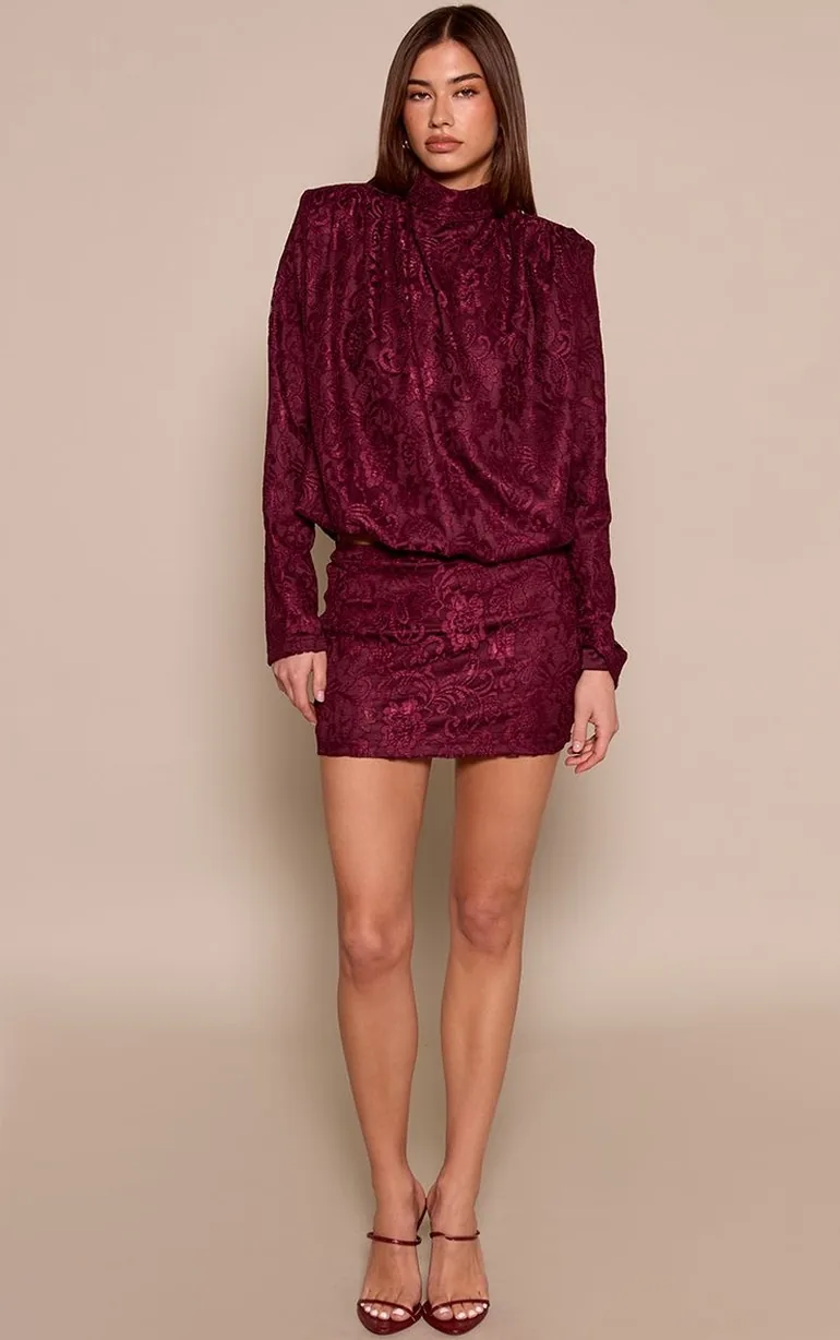 Wine Lace Shoulder Pad Draped Top