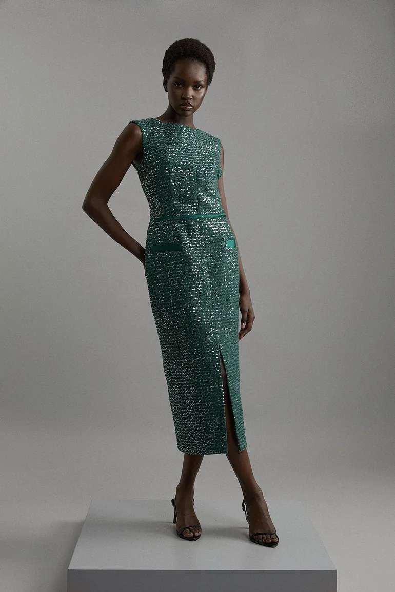 Tailored Sequin Tweed Drop Waist Midaxi Dress