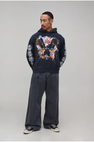 Oversized Boxy Washed Eagle Graphic Hoodie - washed black