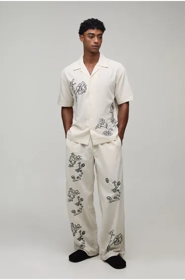 Oversized Floral Sketch Linen Co-Ord Blend Shirt - natural