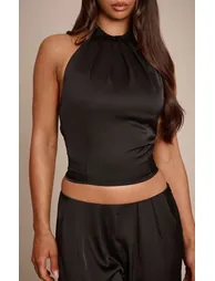 Black Satin Pleated Neck Long Top - 3