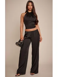 Black Satin Pleated Neck Long Top