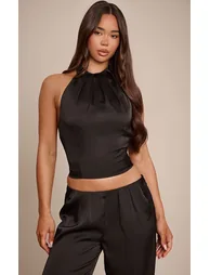 Black Satin Pleated Neck Long Top - 1