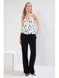 White Strapless Balloon Mold Polka Dot Woven Blouse