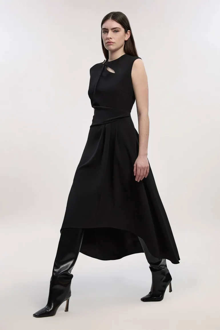 Polished Tailored Drape Neck Full Skirt Dress