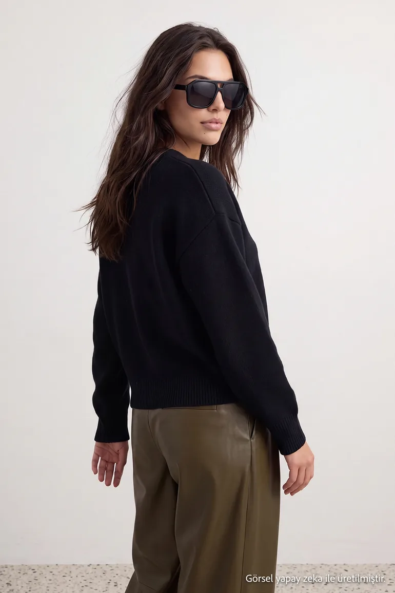 Wardrobe Essentials Black Wool Premium Yarn Basic Wide Fit Knitwear Sweater | - 2