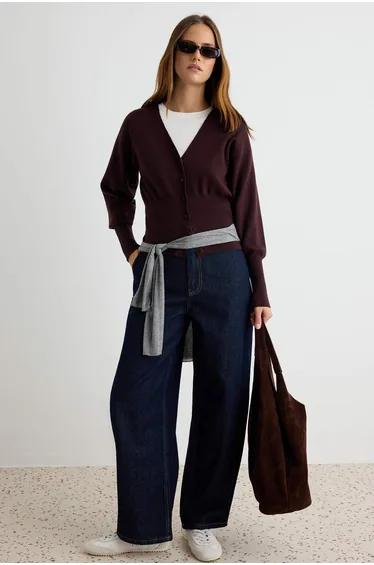 Brown Premium Yarn/Special Yarn Waist-Wrap Skirt Hem Knitwear Cardigan