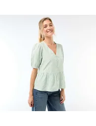 Embroidered Blouse with Ruffled Hem GREEN - 3