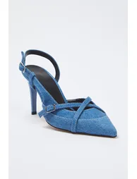 Blue Denim Contrast Stitching Pointed Toe Women Thin Heels Shoes - 3