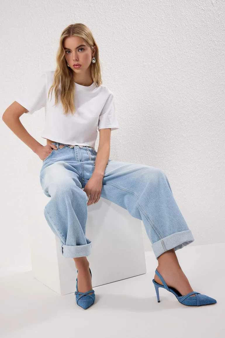 Blue Denim Contrast Stitching Pointed Toe Women Thin Heels Shoes