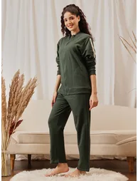 Green Cotton Side Stripe Tracksuit Loungewear Set - 1
