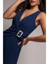 Buckle Plunge Bow Detail Jumpsuit - Navy Blue by Goddiva - 3