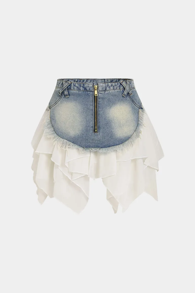 Denim Patchwork Chiffon Irregular Hem Frayed Skirt