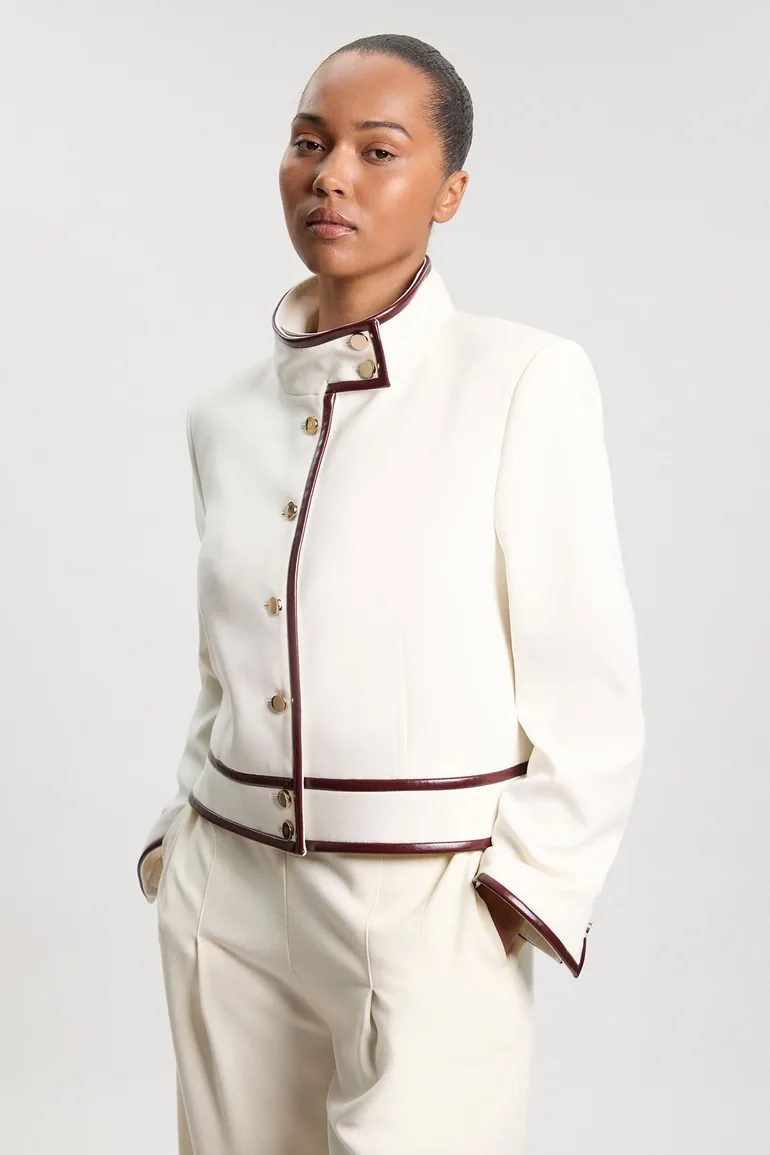 Plus Size Compact Stretch Pu Mix Tailored Belted Jacket
