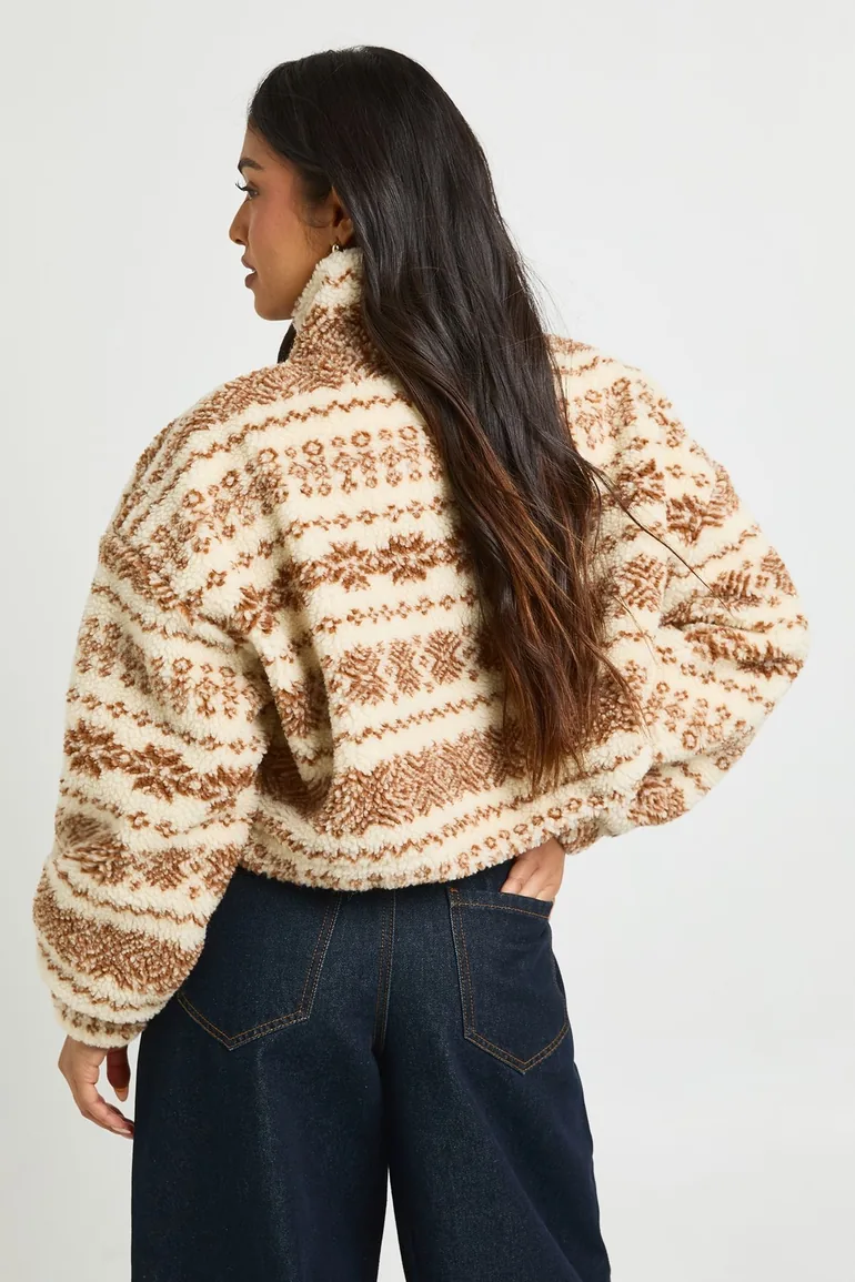 Petite Aztec High Neck Teddy Jacket - stone - 2
