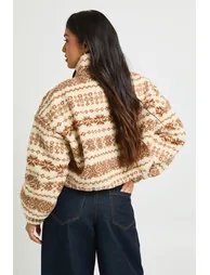 Petite Aztec High Neck Teddy Jacket - stone - 2