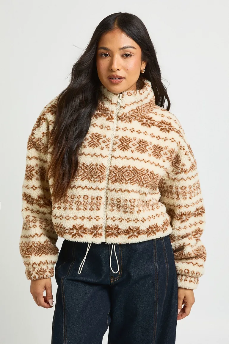 Petite Aztec High Neck Teddy Jacket - stone - 1