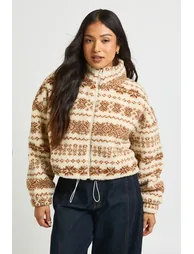 Petite Aztec High Neck Teddy Jacket - stone - 1