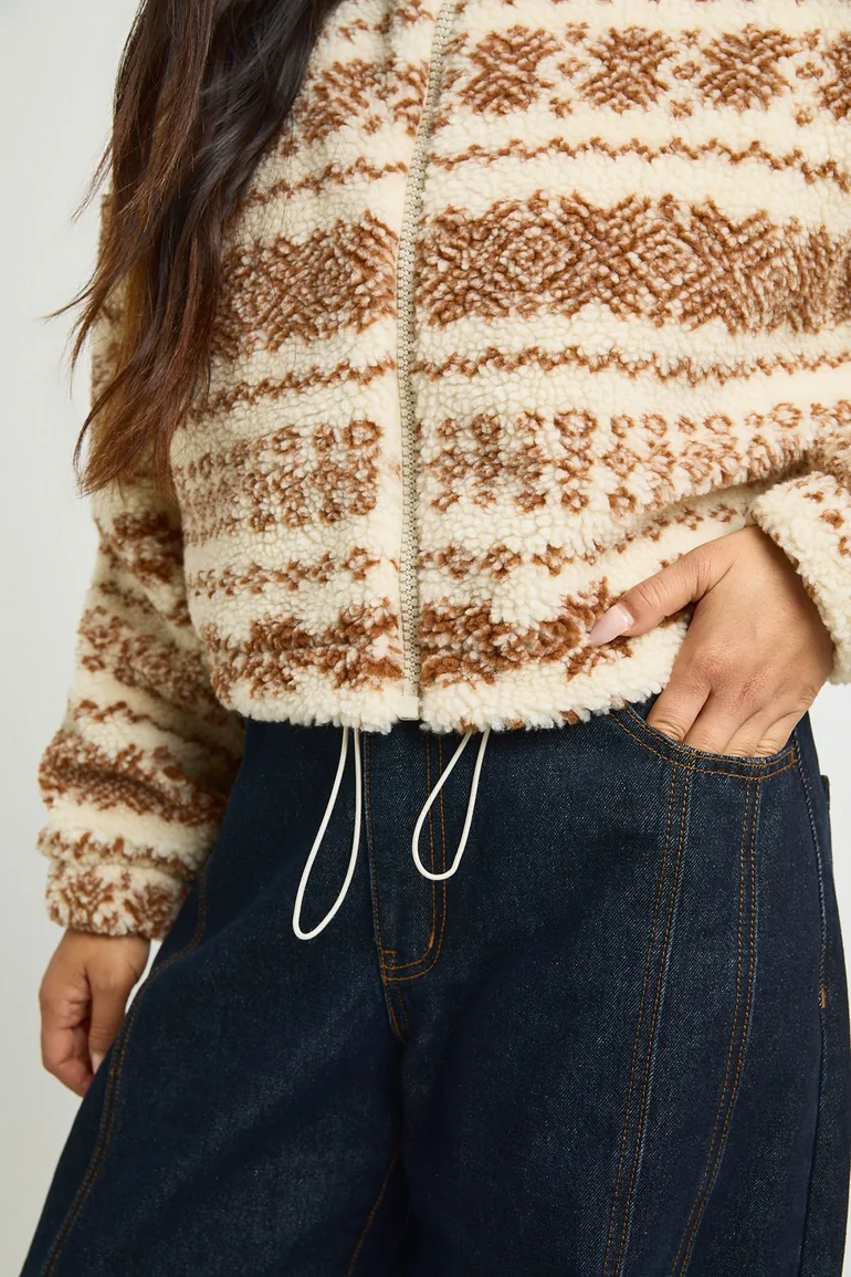 Petite Aztec High Neck Teddy Jacket - stone - 3