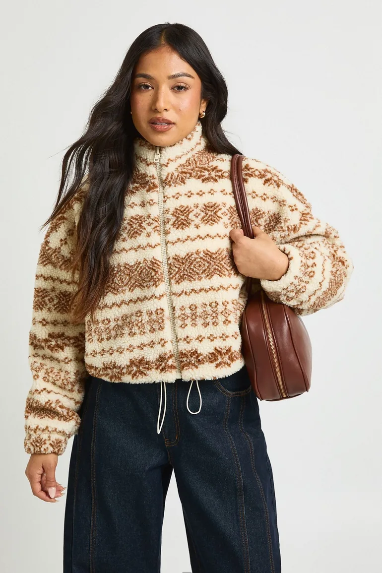 Petite Aztec High Neck Teddy Jacket - stone
