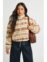 Petite Aztec High Neck Teddy Jacket - stone