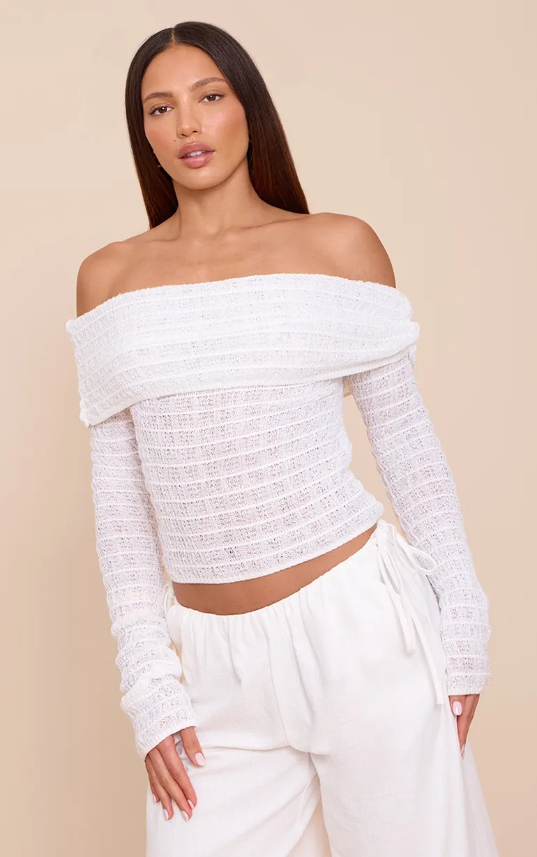 Tall White Bardot Textured Knit Top - 1