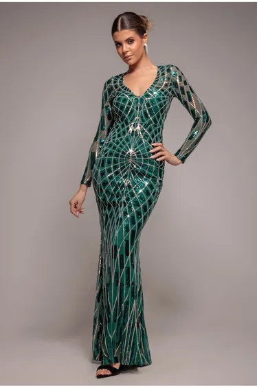Goddiva Geo Sequin Long Sleeve Maxi Dress - Emerald