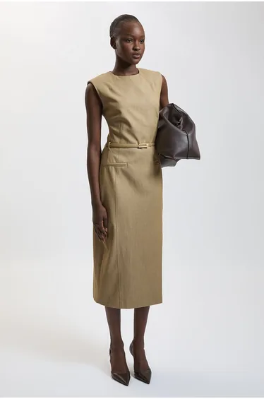 Petite Tailored Belted Midi Skirt Pencil Dress