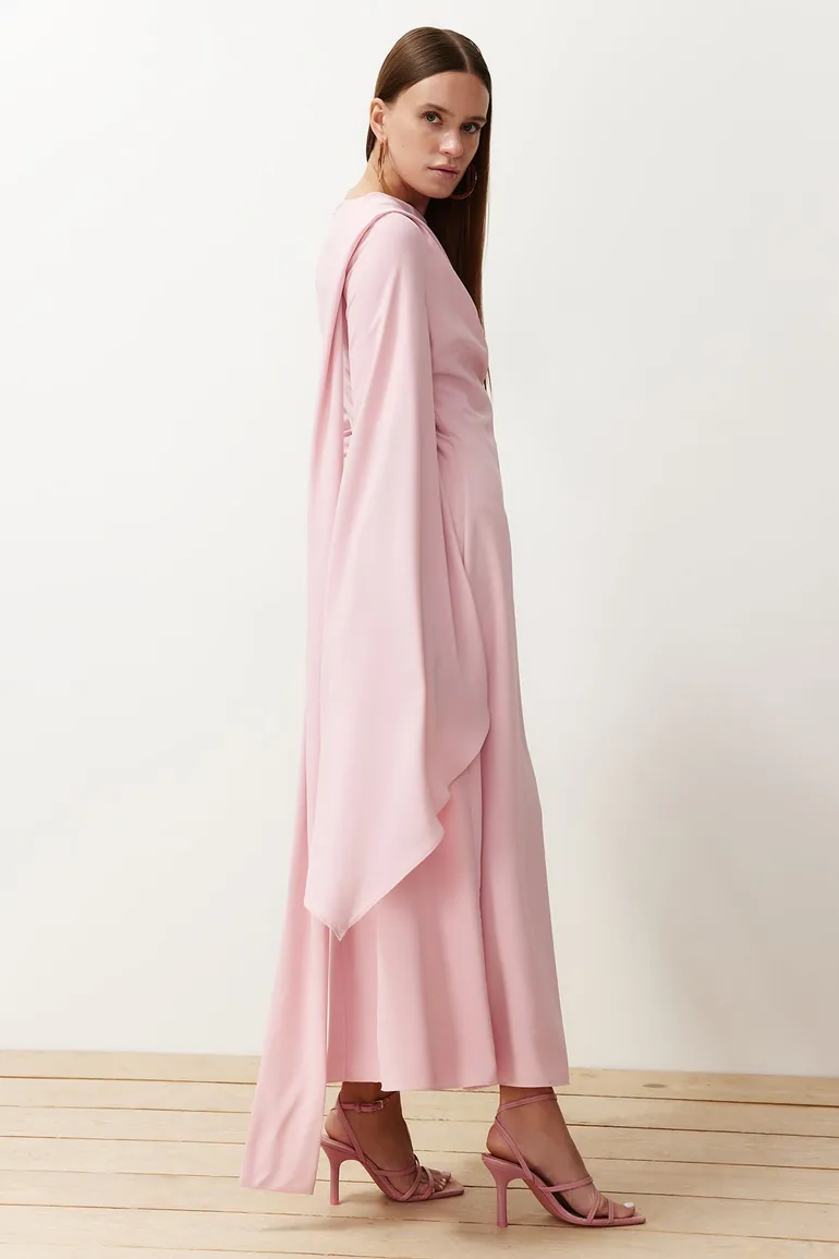 Powder Shawl Detailed Evening Dress - 2