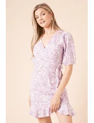Floral Puff Sleeve Mini Jersey Wrap Dress - 1
