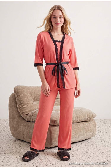 Salmon 3-Piece Lace Detailed Ribbed Knitted Pajama Set