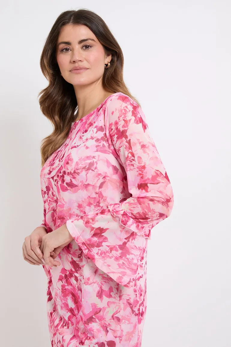 Floral Mesh Ruffle Sleeve Shift Dress - 3