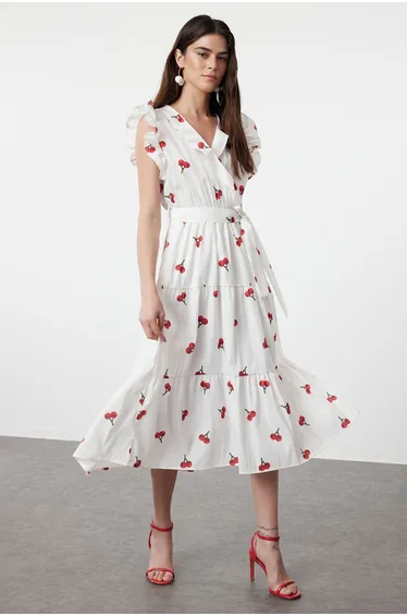 Multicolored Cherry Pattern Belted A-Line Double Breasted Collar Woven Dress
