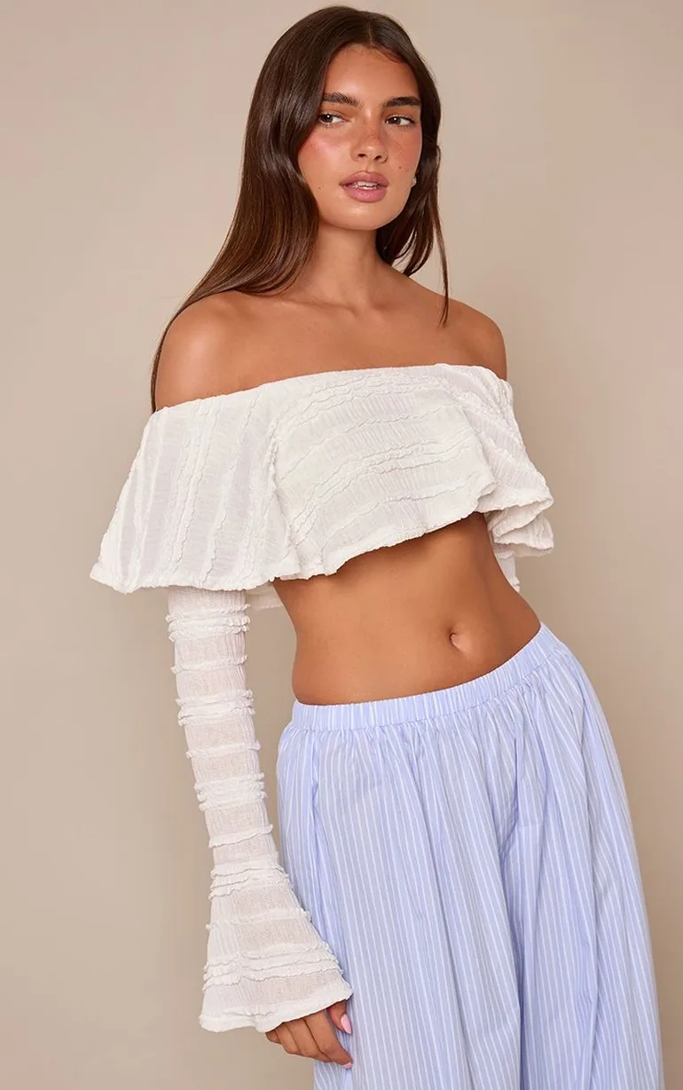 Cream Textured Ruffle Bardot Cropped Top - 1