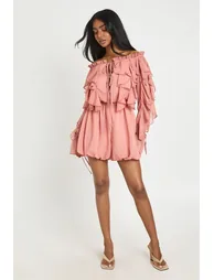 Bardot Ruffle Detail Textured Chiffon Playsuit - peach