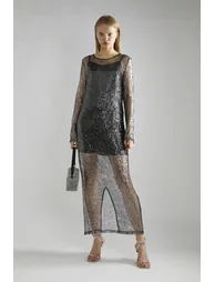 Black-Silver Sequin-Net Midaxi-Dress