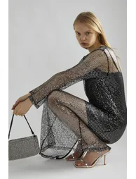 Black-Silver Sequin-Net Midaxi-Dress - 2
