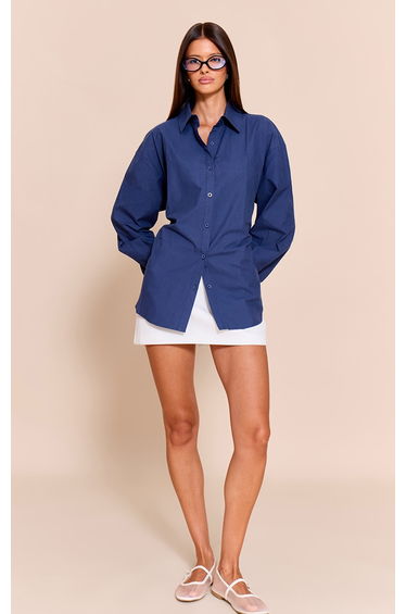 Navy Cotton Multi Button Cinched Shirt product thumbnail 3