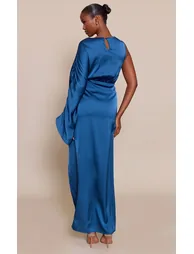 Navy Satin Asymmetric Cape Detail Maxi Dress - 2