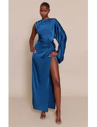 Navy Satin Asymmetric Cape Detail Maxi Dress - 5