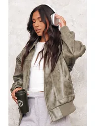 Washed Green Distressed Faux Leather Oversized Longline Bomber Jacket - 5