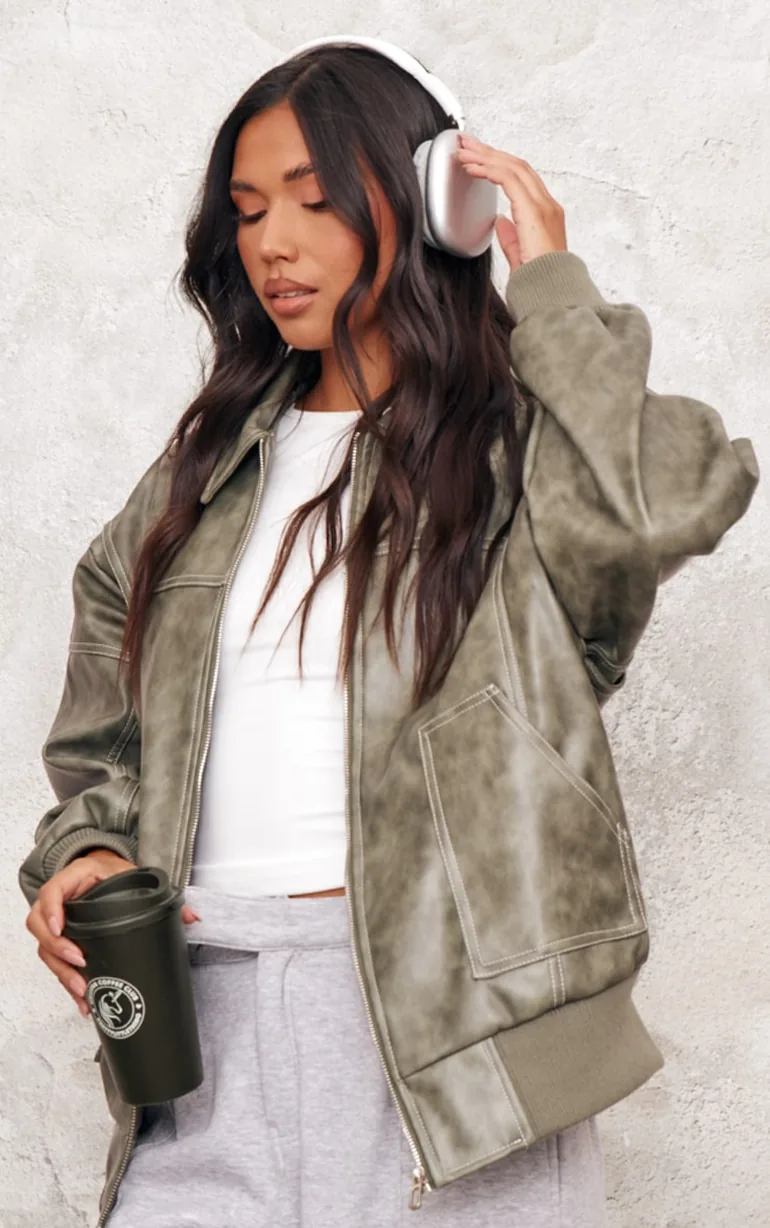 Washed Green Distressed Faux Leather Oversized Longline Bomber Jacket - 1