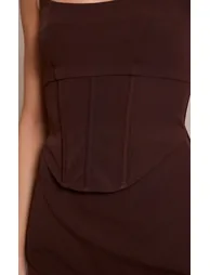 Chocolate Woven Corset Detail Maxi Dress - 3