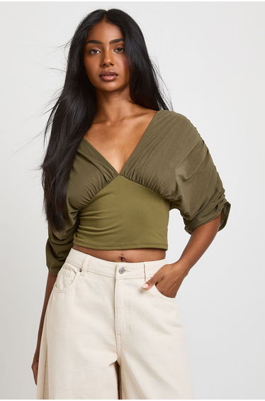 Pleat Off The Shoulder Detail Top - khaki product thumbnail 2