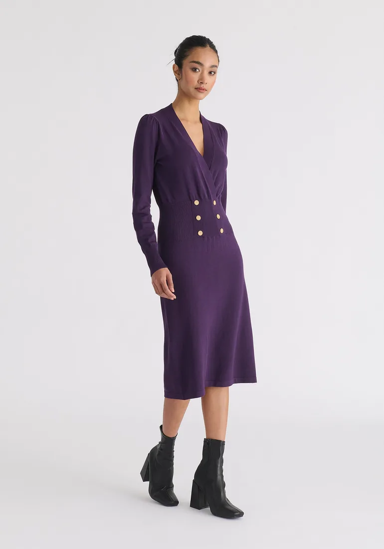 Long Sleeve Knitted Button Wrap Dress - 3