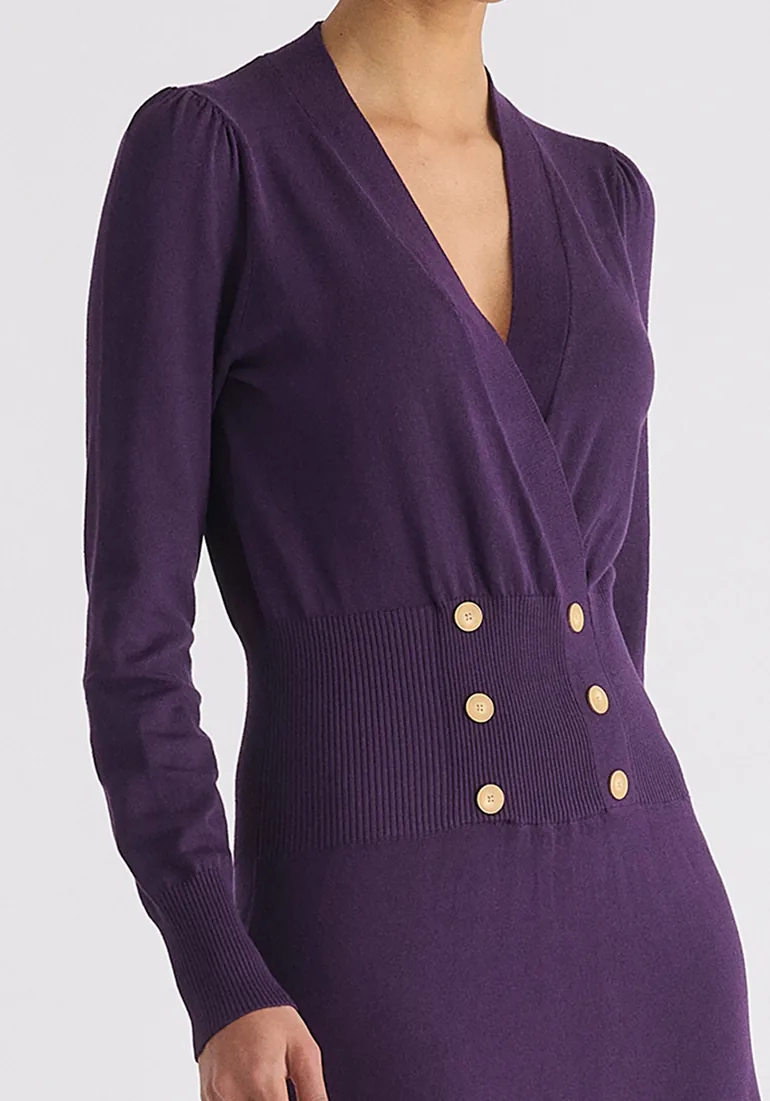 Long Sleeve Knitted Button Wrap Dress - 5