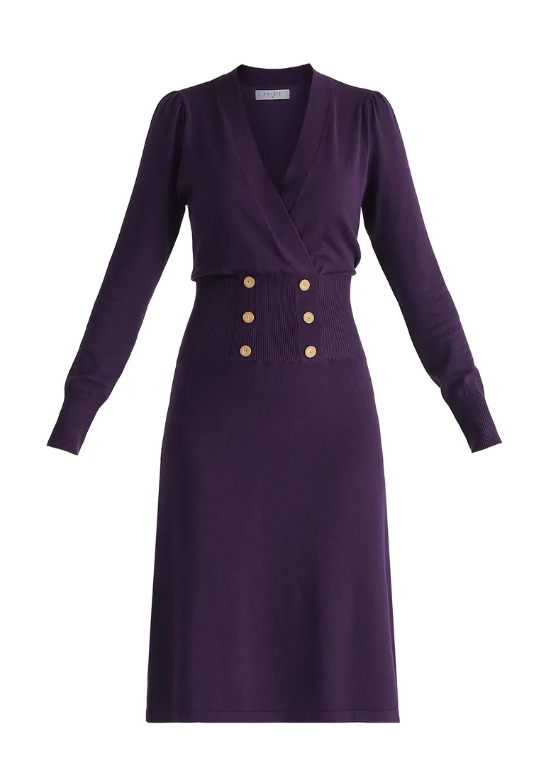 Long Sleeve Knitted Button Wrap Dress - 1