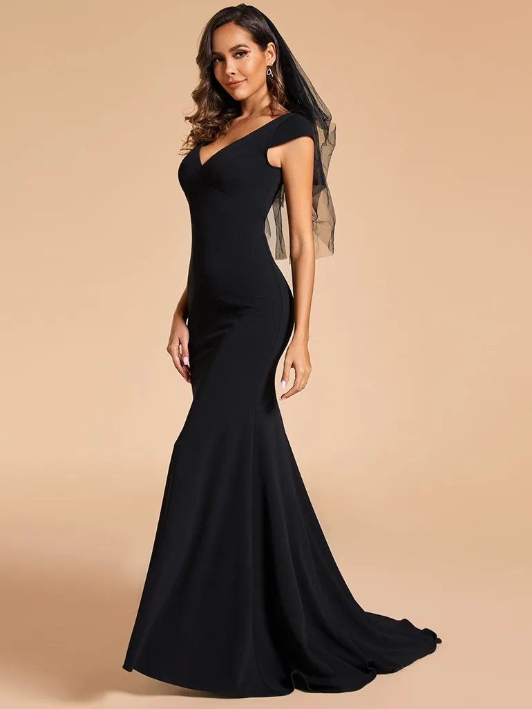PATRISSE'S BRIDE|Cap Sleeve Deep V-Neck Backless Fishtail Wedding Dress - 2